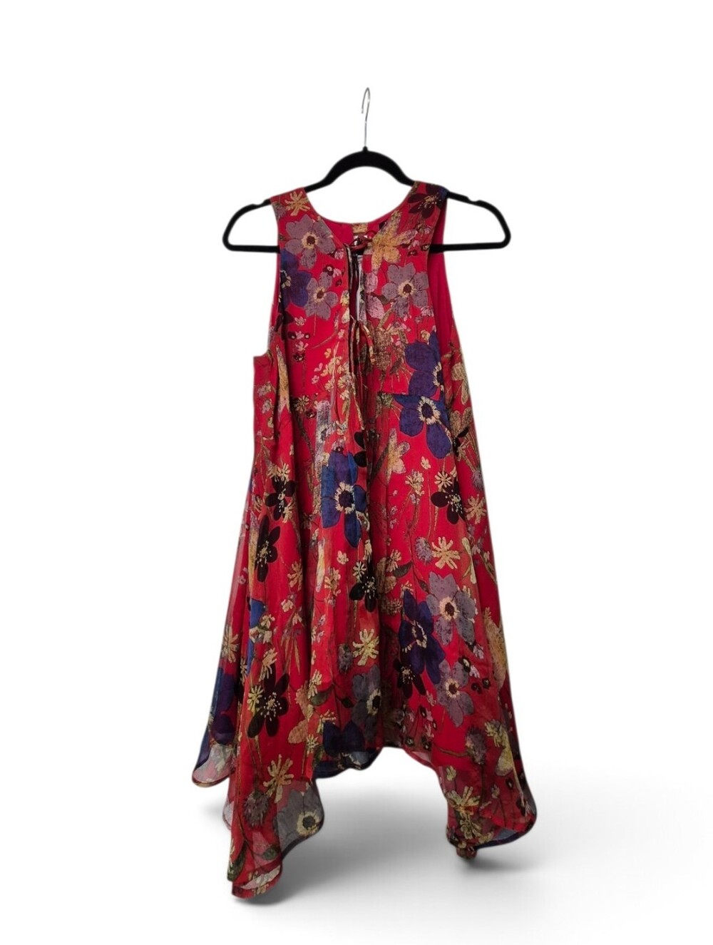 Hommage pink and red floral chiffon handkerchief-hem dress Small Beautiful !!